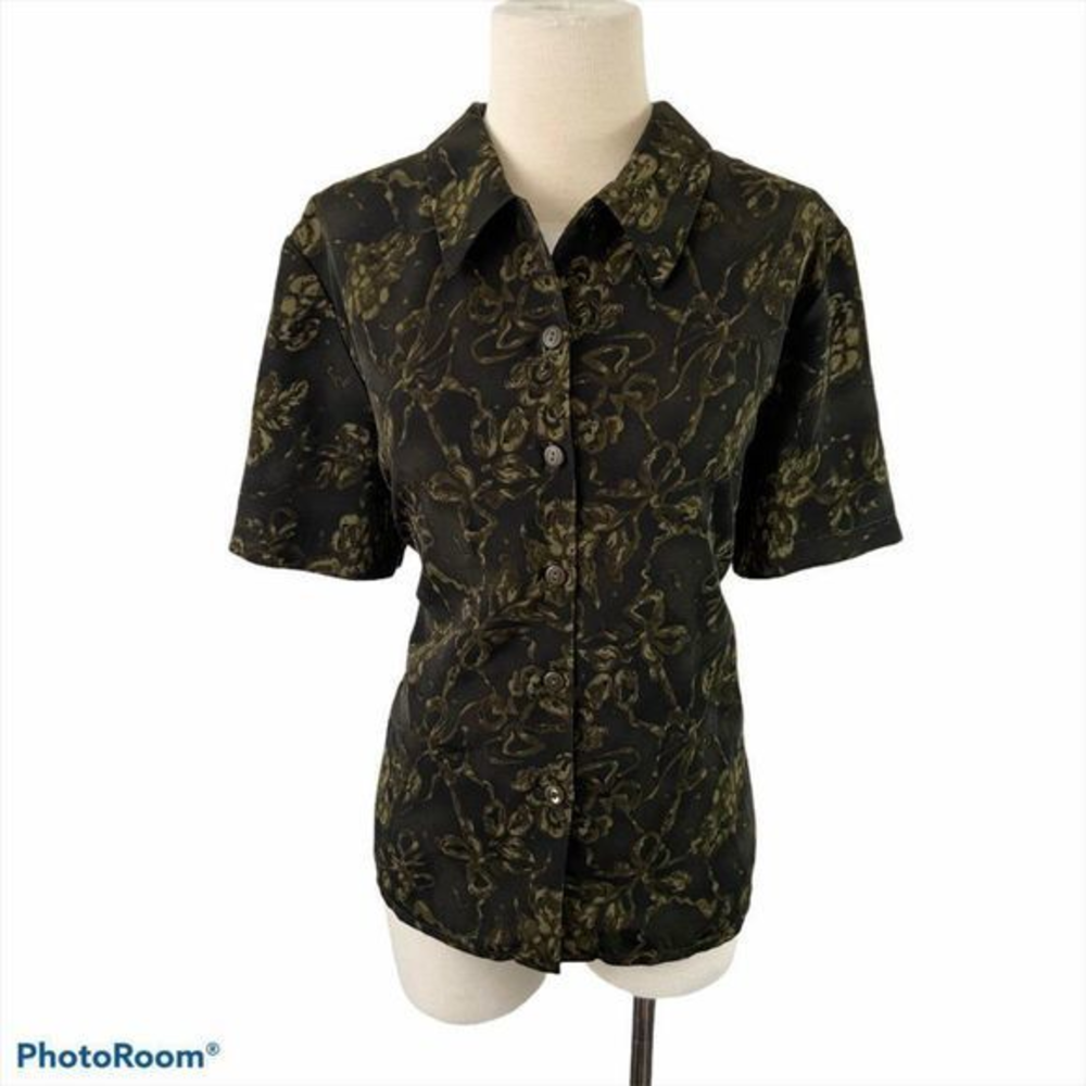 TRADITION Green‎ & Black Button Down Blouse